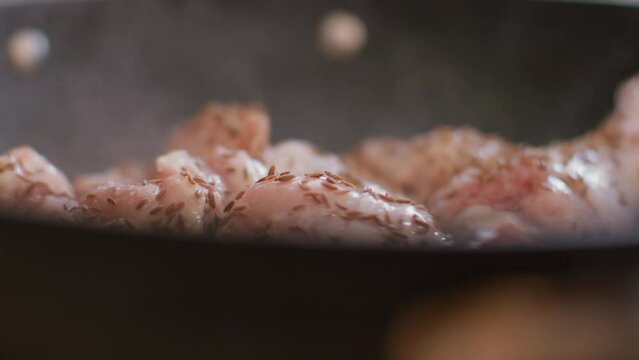 Stewed chicken in a frying pan is seasoned with spices. Close-up panorama of chicken fillet, onto which spices and seasonings are sprinkled. Jeera spice drops onto chicken in a frying pan.