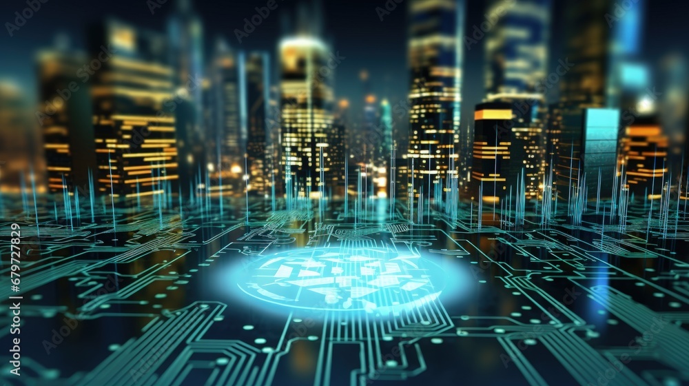 Poster fintech icon and internet of things with matrix code background, investment and financial internet t