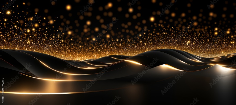 Poster dynamic black particle wave with vibrant light abstract background and mesmerizing starry dots