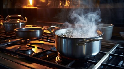 Boiling water in the pot on the stove in the evening
