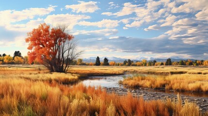 Scenery Autumn landscape in Cherry Creek Valley Ecological Park, Centennial, Colorado - obrazy, fototapety, plakaty