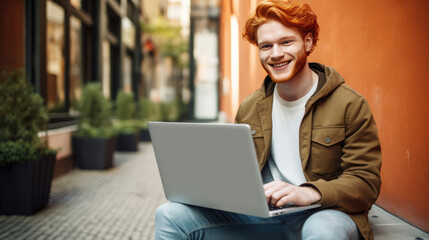 Smiling cheerful smart young ginger man wearing casual teenage clothes using laptop computer pose looking at camera isolated color background