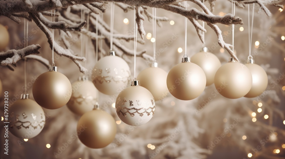 Poster a bunch of christmas balls hanging from a branch of a tree with lights in the background and a chris