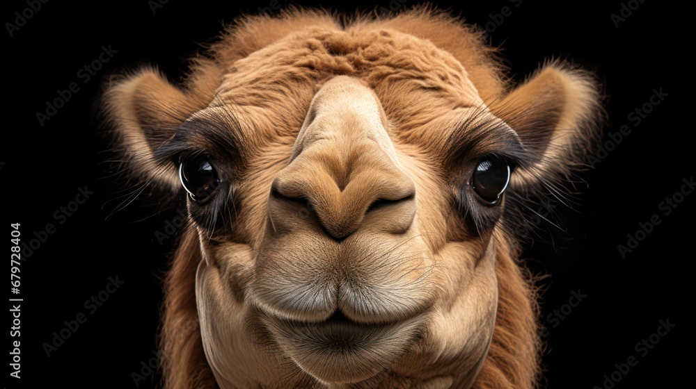 Aufkleber a close up of a camel's face with its eyes wide open and looking at the camera with a black backgrou