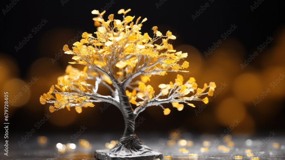Poster a close up of a small tree on a table with a blurry background of yellow leaves on the tree.