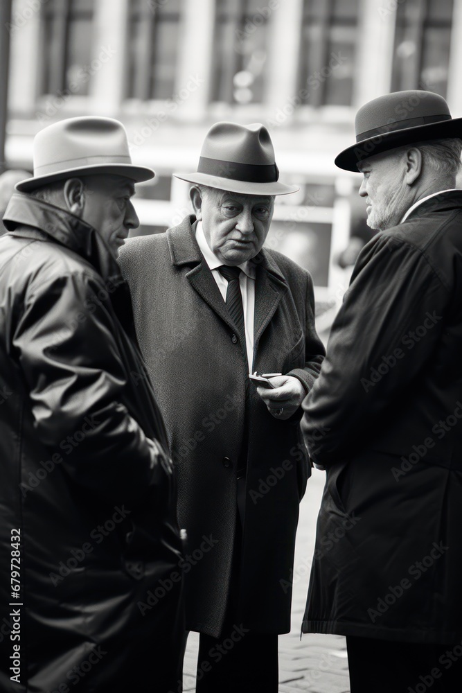 Poster  a group of men standing next to each other in front of a tall building with a clock tower in the background.
