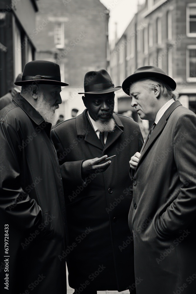 Poster a group of men standing next to each other in front of a building with a cell phone in their hand.