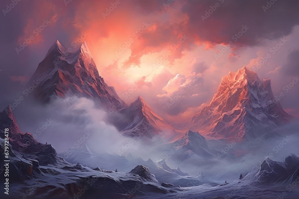 Aufkleber a painting of a mountain range with clouds in the foreground and a pink sky in the background with c