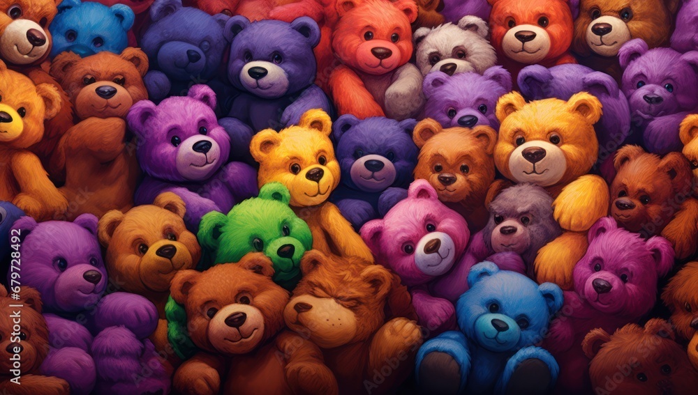 Poster a large group of multicolored bears with one of them holding a bear in the other's hand.