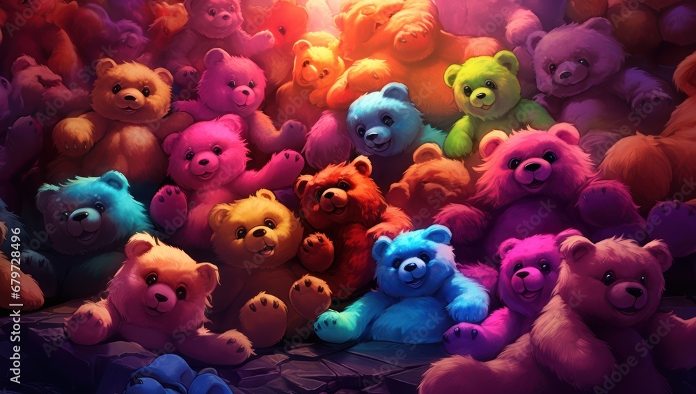 Poster a group of multicolored bears sitting next to each other in front of a crowd of other bears.