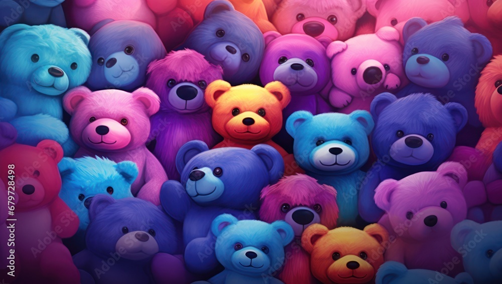 Aufkleber a group of multicolored bears standing in the middle of a crowd of one of them is looking at the cam