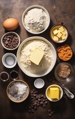 The ingredients for baking the biscuits are spread out on the table with flour, eggs and chocolate shavings
