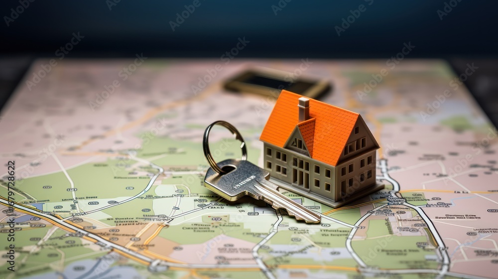 Poster a map with a toy house and a set of keys placed on top of it the background is slightly blurred, giv