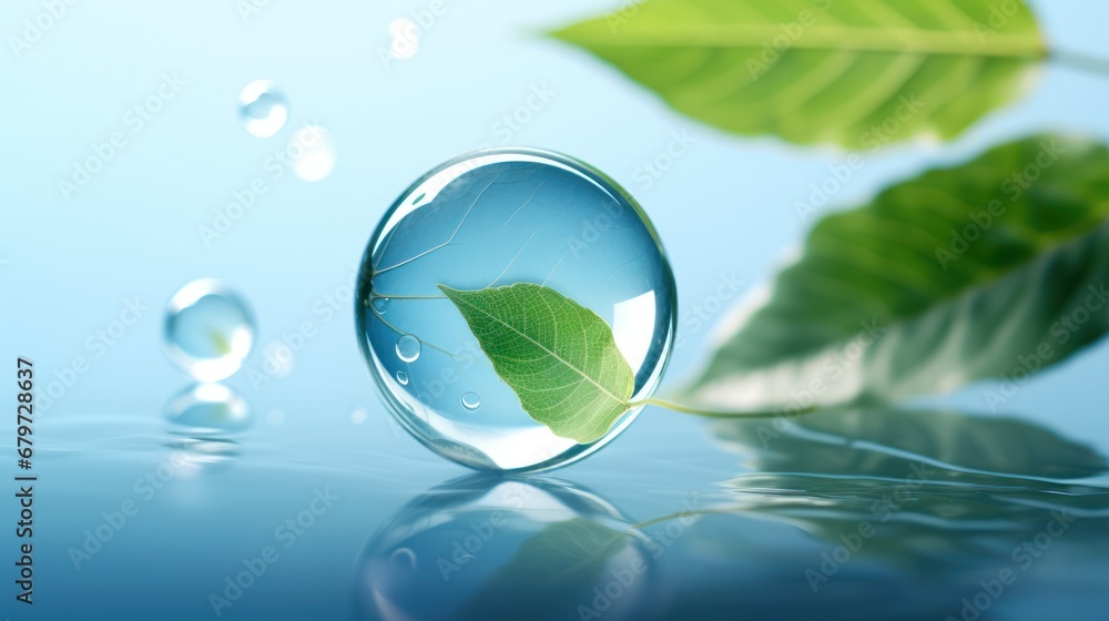 Poster a drop of water with a green leaf in it and water droplets on the bottom of the drop and a green lea