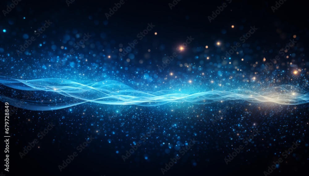 Poster vibrant digital blue particle wave with shining dots and stars, creating an abstract background