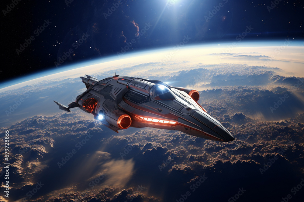 Poster a space shuttle approaching a distant planet, with its surface features becoming visible through the
