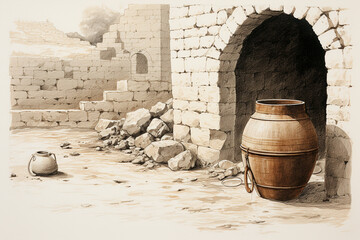 A drawing of a stone water jar, connecting to Jesus' miracle of turning water into wine at the wedding in Cana. - obrazy, fototapety, plakaty