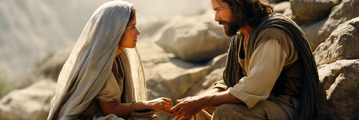 jesus' conversation with the samaritan woman at the well. AI generativ. - obrazy, fototapety, plakaty