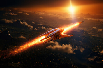 A futuristic spacecraft launching from Earth, leaving a trail of fire as it embarks on an interplanetary journey.