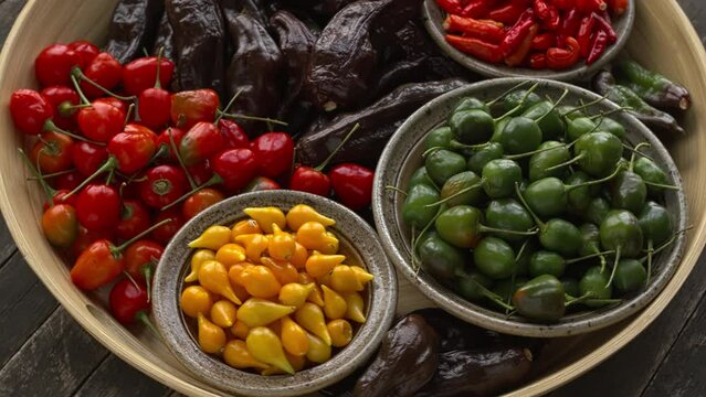 Different types of homegrown chilies are on a plate. Brazilian Biquinho Yellow, Brazilian Red Olive, Peruvian Machu Picchu, and Tabasco. Table spin.