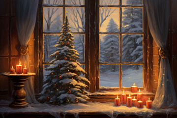 A detailed drawing of a candlelit window in a snow-covered cottage, with a glimpse of a decorated Christmas tree inside, conveying the warmth and coziness of home.