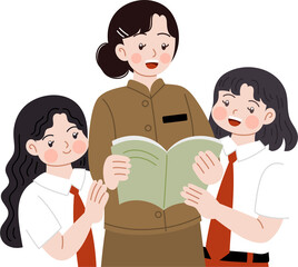 Fototapeta premium Indonesian students reading book with teacher