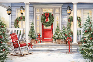 Fototapeta na wymiar A detailed drawing of a festively decorated front porch with a rocking chair, wreaths, and holiday greenery, creating a welcoming and nostalgic Christmas scene.