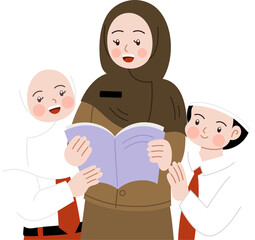 Indonesian students reading book with teacher