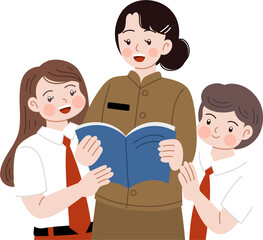 Fototapeta premium Indonesian students reading book with teacher
