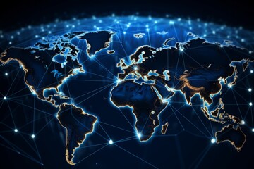 world map with global communication line, Blue light, network, Data Human Connectivity, horizontal background wallpaper