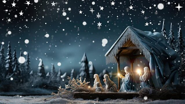 Nativity scene, Christian Christmas concept, Birth of Jesus Christ. Wooden manger with holy child in barn in dark blue night.