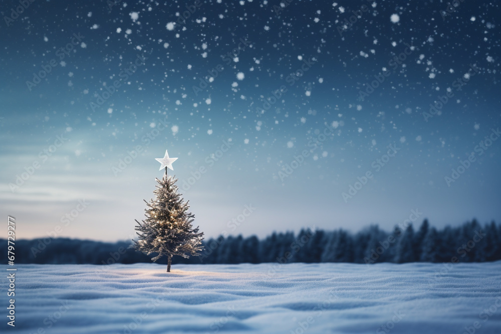 Poster an image of a star-topped christmas tree standing alone in a snow-covered field, radiating the simpl