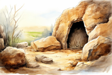 An illustration of an empty tomb with the stone rolled away, symbolizing the resurrection on Easter morning. - obrazy, fototapety, plakaty