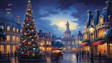 A charming depiction of a town square decorated with Christmas lights, ornaments, and a towering tree, radiating the joy of the holiday season.