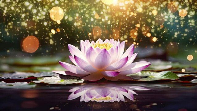 Pink lotus flower in pond at night with bokeh lights