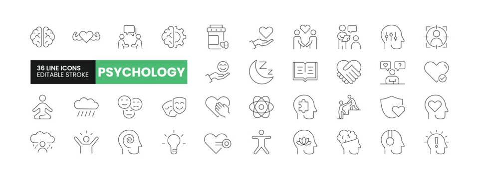 Set of 36 Psychology line icons set. Psychology outline icons with editable stroke collection. Includes Anxiety, Happiness, Empathy, Pills, Consultant, and More.