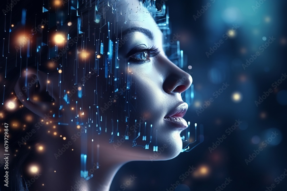Poster female robot face on abstract background with digital particles and shining stars ai concept