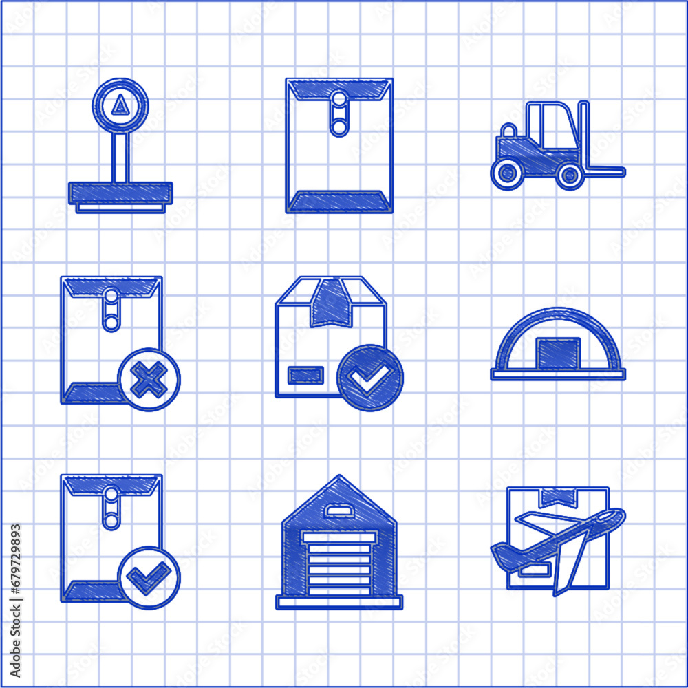 Poster set ackage box with check mark, warehouse, plane and cardboard, envelope, delete envelope, forklift 