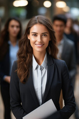 Portrait of young businesswoman with colleagues in background at office.
