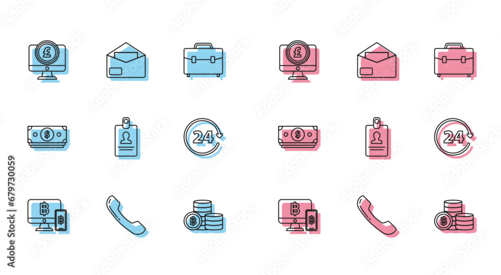 Sticker Set line Computer monitor with mobile phone and bitcoin, pound sterling symbol, Cryptocurrency Bitcoin, Identification badge, Clock 24 hours, Stacks paper money cash and Envelope icon. Vector