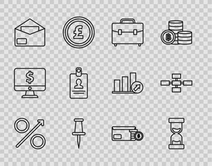 Set line Percent up arrow, Old hourglass with flowing sand, Briefcase, Push pin, Envelope, Identification badge, coin dollar symbol and Business hierarchy organogram chart infographics icon. Vector