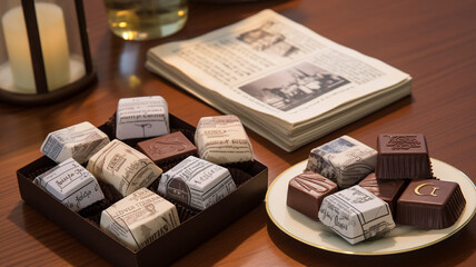 ラッピングされたチョコレートがキャンドルや新聞とともに机に置かれている