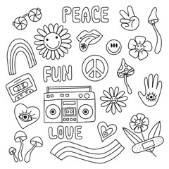 Set of 70s groovy element vector. Collection of funny cartoon flower, rainbow, peace, Love, heart, daisy, mushroom. Retro icons in trendy 70s style. Black and white.