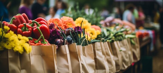 Sustainable shopping close up of hand holding reusable bag with fresh vegetables at farmers market