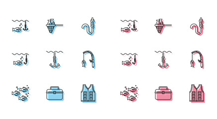 Set line Fish, Case or box container for wobbler and gear fishing equipment, Fishing hook under water with, jacket, rod, and net icon. Vector