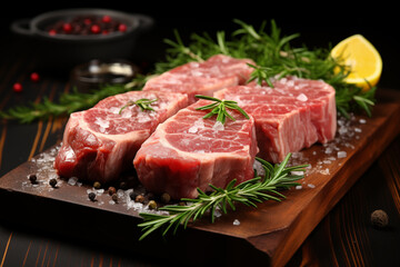 Fototapeta premium Raw lamb steak on a wooden board
