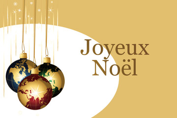 Fond d'écran de Noël doré avec des boules monde colorées. Guirlandes dorées et fond vectoriel scintillant. Illustration. Texte en français.