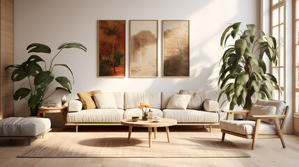 3D rendering modern style living room background with plants, living room decoration design
