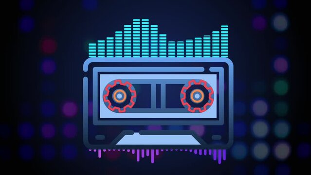 Animated Video Footage of Costum Audio Visualizer, The Neon Play Icon, Old School Cassette from the 90s, Rotates Gears and the Audio Spectrum Animation with colorful disco lights 