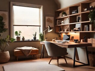 A cozy home office with a desk, a chair, and a bookshelf